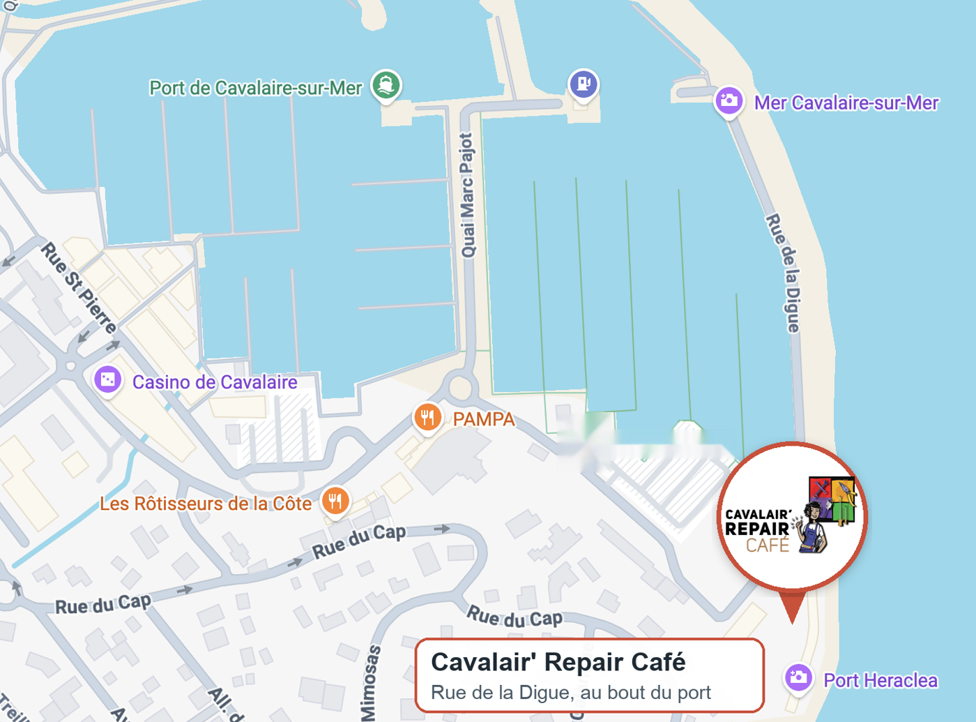 Plan du port de Cavalaire : le local du Repair Café est rue de la Digue